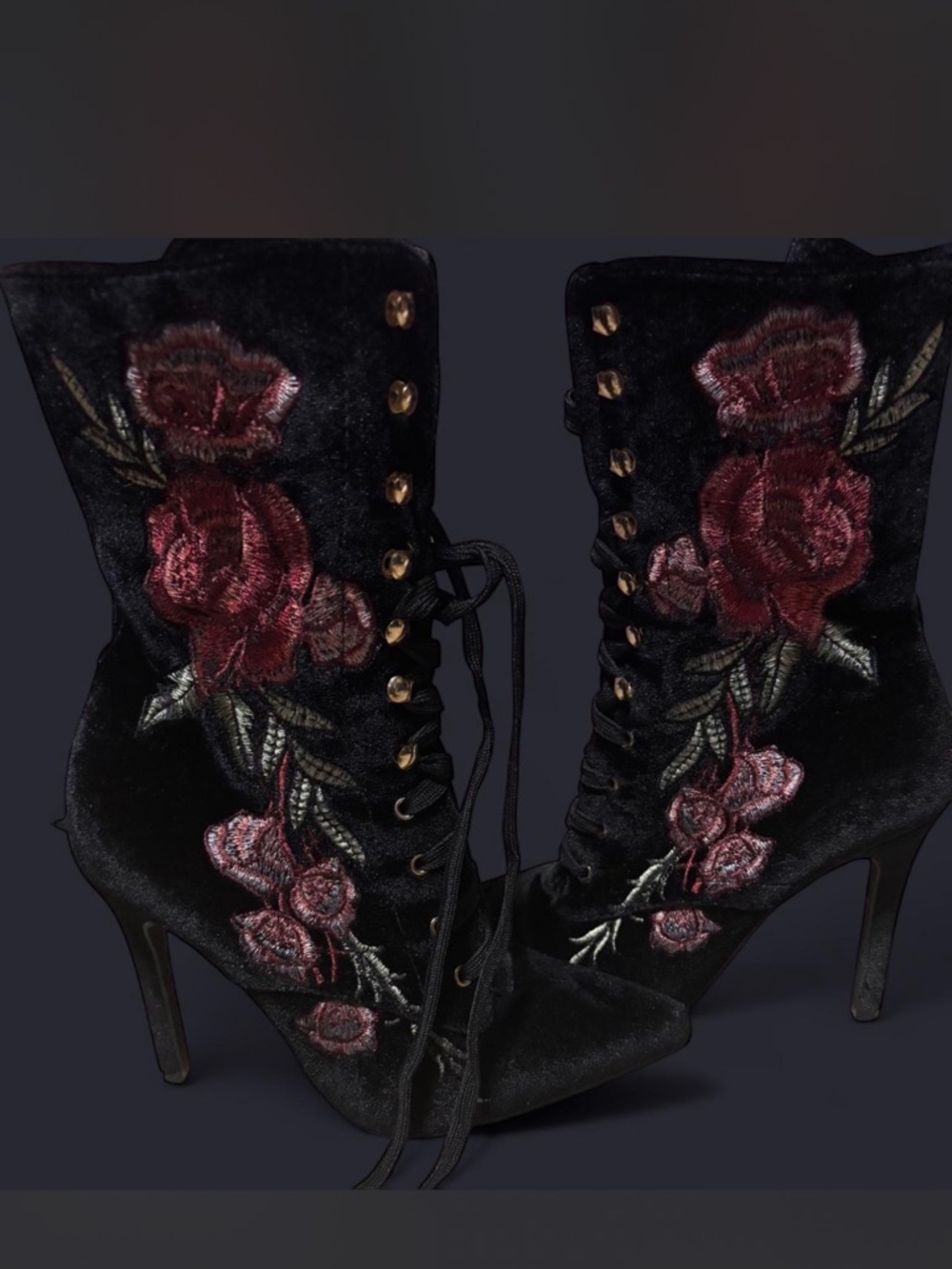 Black Velvet Lace-Up Ankle Boots with Red Rose Embroidery goth whimsigoth